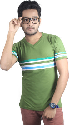

Spur Striped Men's V-neck Green T-Shirt, Moss