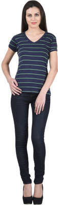 

NumBrave Striped Women's V-neck Blue T-Shirt