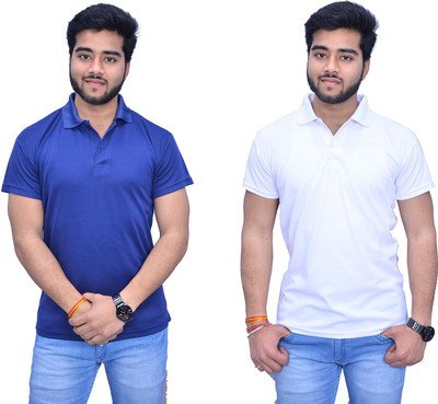 Himgiri Solid Men Polo Neck White, Blue T-Shirt(Pack of 2)