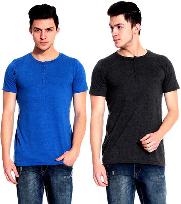

Lemon & Vodka Solid Men's Henley Blue, Black T-Shirt(Pack of 2)