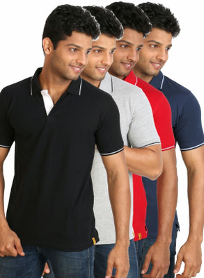 

Campus Sutra Solid Men Polo Neck Black, Dark Blue, Grey, Red T-Shirt(Pack of 4), Black:blue:grey:red