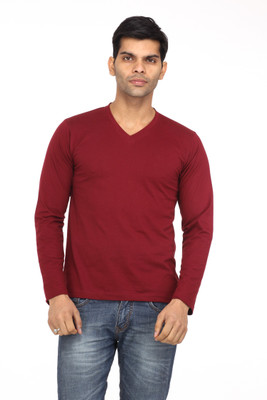 

Leana Solid Men' V-neck Maroon T-Shirt, Mahroon