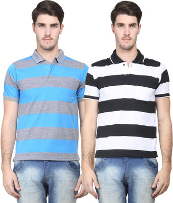 

Vimal Striped Men's Polo Neck Blue, Black T-Shirt(Pack of 2, Black;blue