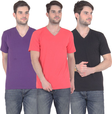 

FnMe Solid Men' V-neck Multicolor T-Shirt(Pack of 3, Black;carrot;purple