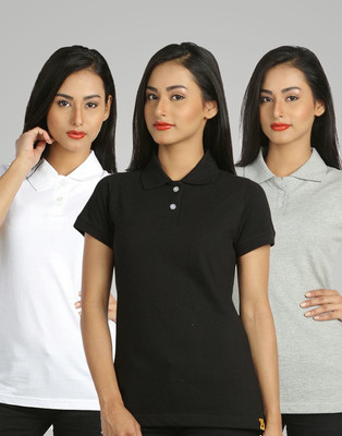 

Campus Sutra Solid Women' Polo Neck White, Black, Grey T-Shirt(Pack of 3