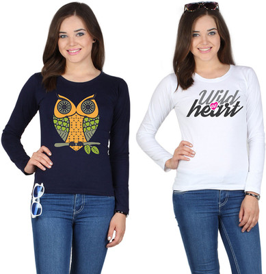 

SayItLoud Printed Women' Round Neck Blue, White T-Shirt(Pack of 2, Navy blue;white