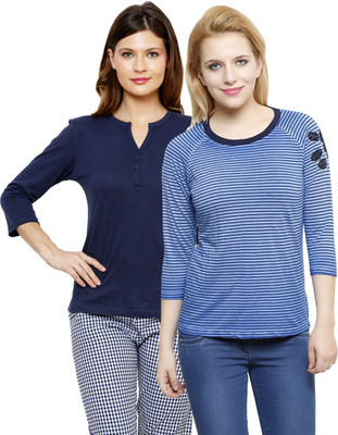 

LimeBerry Striped, Solid Women's Round Neck Blue, Dark Blue T-Shirt(Pack of 2