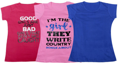 

IndiWeaves Girls Printed T Shirt(Multicolor, Pink & pink & blue