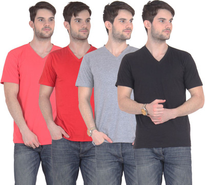 

E'Hiose Solid Men's V-neck Multicolor T-Shirt(Pack of 4, Black;carrot;grey;red
