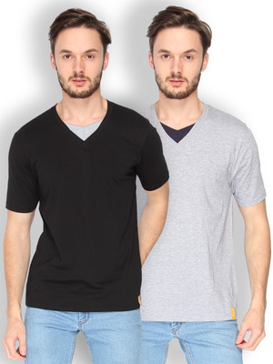 

Campus Sutra Solid Men V-neck Black, Grey T-Shirt(Pack of 2