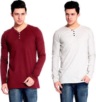 

Lemon & Vodka Solid Men's Henley Maroon, Silver T-Shirt(Pack of 2