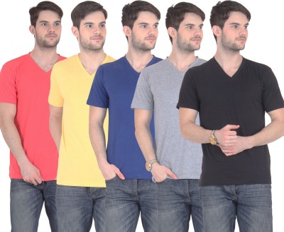 

E'Hiose Solid Men' V-neck Multicolor T-Shirt(Pack of 5, Black;blue;carrot;grey;yellow