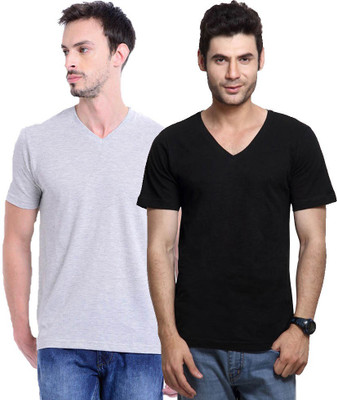 

Purple Square Solid Men's V-neck Multicolor T-Shirt(Pack of 2, Black;grey