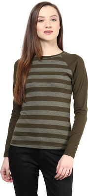 

Hypernation Striped Women' Round Neck Green T-Shirt, Military green