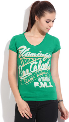 

Flying Machine Printed Women's V-neck Green T-Shirt, Emerald