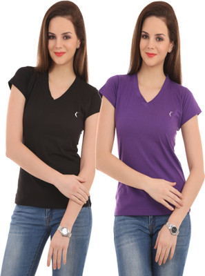 

Ultra Fit Solid Women's V-neck Black, Purple T-Shirt(Pack of 2)