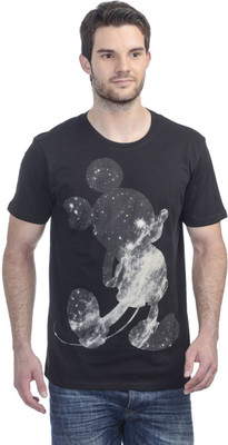 Mickey & Friends Printed Men's Round Neck Black T-Shirt, Mickey and friends black