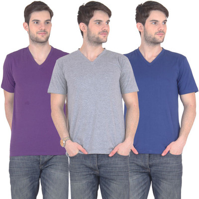 

FnMe Solid Men's V-neck Multicolor T-Shirt(Pack of 3, Blue;grey;purple