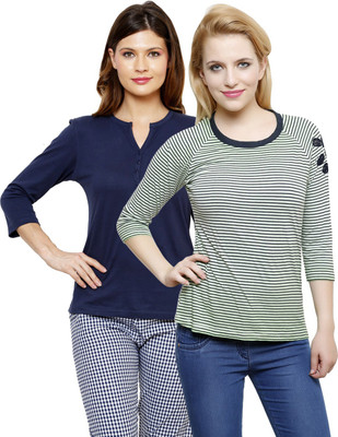 

LimeBerry Striped, Solid Women's Round Neck Green, Dark Blue T-Shirt(Pack of 2, Dark blue;green