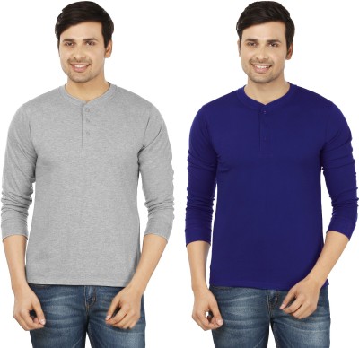 weardo Solid Men Henley Neck Blue, Grey T-Shirt