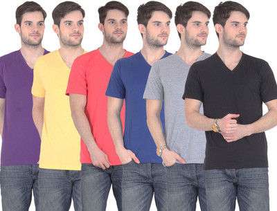 

E'Hiose Solid Men's V-neck Multicolor T-Shirt(Pack of 6, Black;blue;carrot;grey;purple;yellow