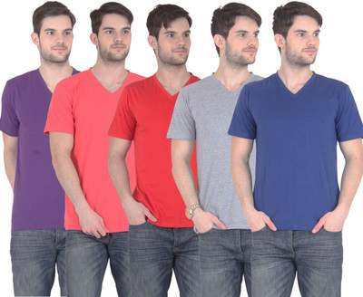 

E'Hiose Solid Men' V-neck Multicolor T-Shirt(Pack of 5, Blue;carrot;grey;purple;red
