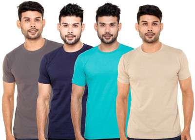 

FLEXIMAA Solid Men's Round Neck Grey, Dark Blue, Green, Beige T-Shirt(Pack of 4, Beige;dark blue;green;grey
