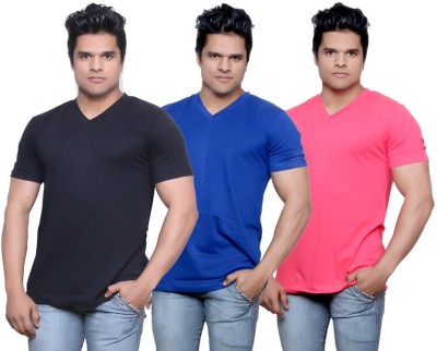 

IndiWeaves Solid Men's Fashion Neck Black, Blue, Pink T-Shirt(Pack of 3