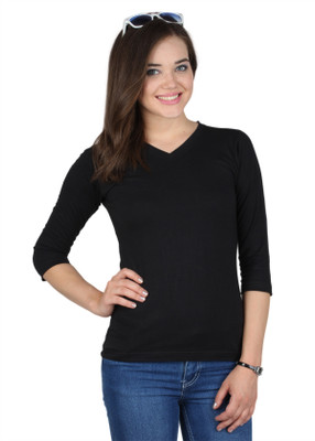 

SayItLoud Solid Women' V-neck Black T-Shirt