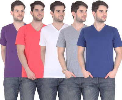 

FnMe Solid Men's V-neck Multicolor T-Shirt(Pack of 5, Blue;carrot;grey;purple;white