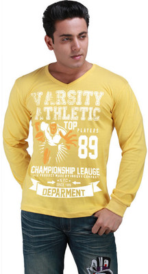 

Inkovy Graphic Print Men' V-neck Yellow T-Shirt