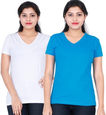 Fleximaa Solid Women V Neck White, Blue T-Shirt