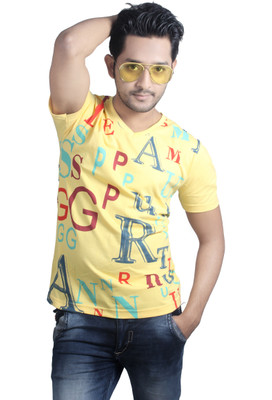 

Spur Printed Men's V-neck Yellow T-Shirt, Lemon