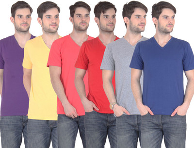 

FnMe Solid Men' V-neck Multicolor T-Shirt(Pack of 6, Blue;carrot;grey;purple;red;yellow