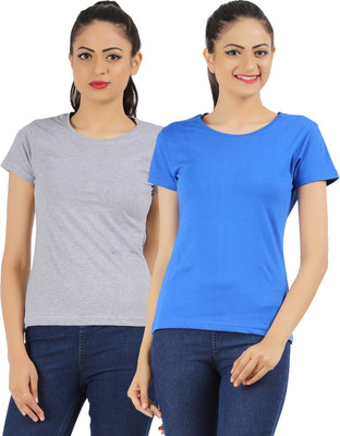 

Ap'pulse Solid Women's Round Neck Grey, Blue T-Shirt(Pack of 2), Grey;blue1