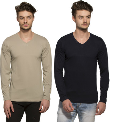 

Alan Jones Solid Men's V-neck Beige T-Shirt(Pack of 2, Grey and navy