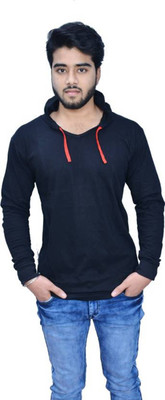 Himgiri Solid Men Hooded Black T-Shirt Himgiri Solid Men Hooded Black T-Shirt