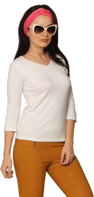 

Miss Chase Solid Women' V-neck White T-Shirt