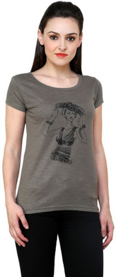 

Espresso Printed Women' Round Neck Green T-Shirt, Olive