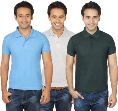 

Quetzal Solid Men's Polo Neck Multicolor T-Shirt(Pack of 3, Green;grey;sky blue