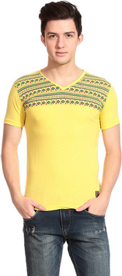 

Tinted Printed Men's V-neck Yellow T-Shirt