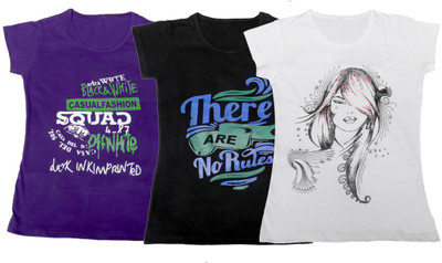 

IndiWeaves Girls Printed, Solid T Shirt(Multicolor, Purple & black & white
