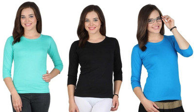 

SayItLoud Solid Women's Round Neck Multicolor T-Shirt(Pack of 3, Light green;black;blue