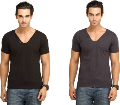

Fio Solid Men's V-neck Black, Grey T-Shirt(Pack of 2