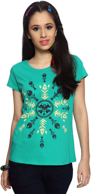 

People Printed Women's Round Neck Green T-Shirt