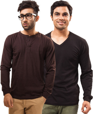 

Unisopent Designs Solid Men's Henley Brown, Black T-Shirt(Pack of 2