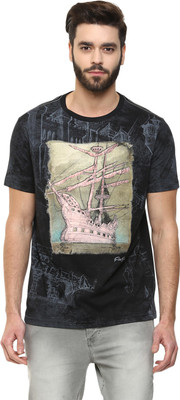 

Fritzberg Printed Men's Round Neck Black T-Shirt, Ebony black