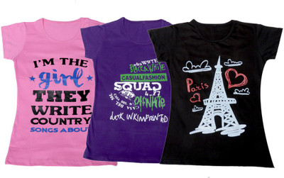 

IndiWeaves Girls Printed, Solid T Shirt(Multicolor, Pink & purple & black