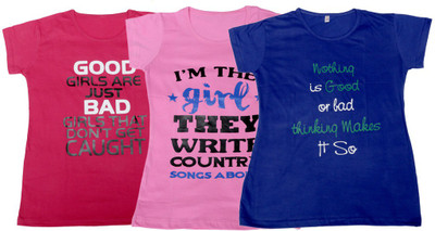 

IndiWeaves Girls Printed T Shirt(Multicolor, Pink & pink & blue