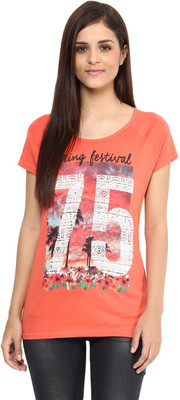 

Ajile by Pantaloons Graphic Print Women's Round Neck Orange T-Shirt, Light orange